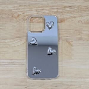 Phone Case For iPhone 15 Pro Max Silicone Clear Hybrid Silver 3D Hearts